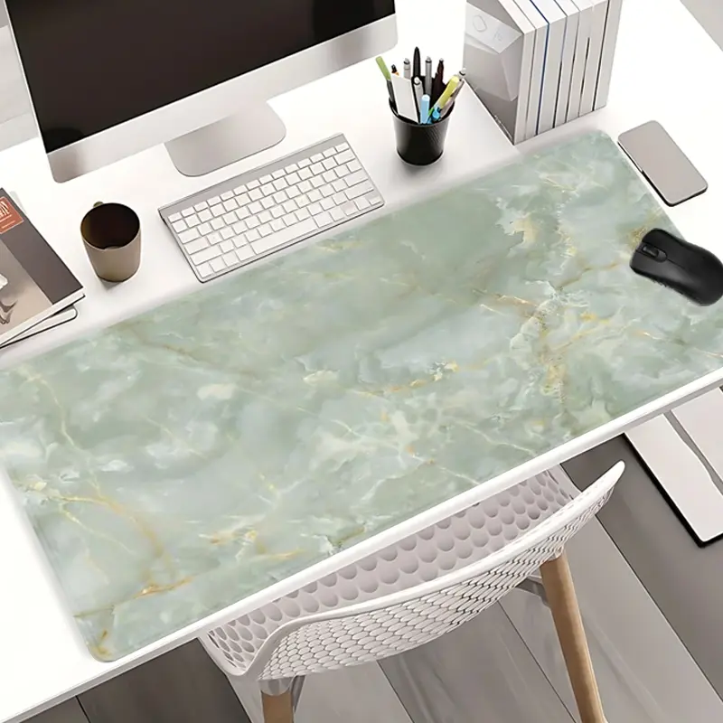 Green Marble with Golden Lines Mouse Pads Extra Large Computer Desk Top Mat, Non - Slip Rubber Base & Stitched Edge, Chic Home Office Decor, Aesthetic Office Supplies, Desk Accessory, Office Desktop Accessories
