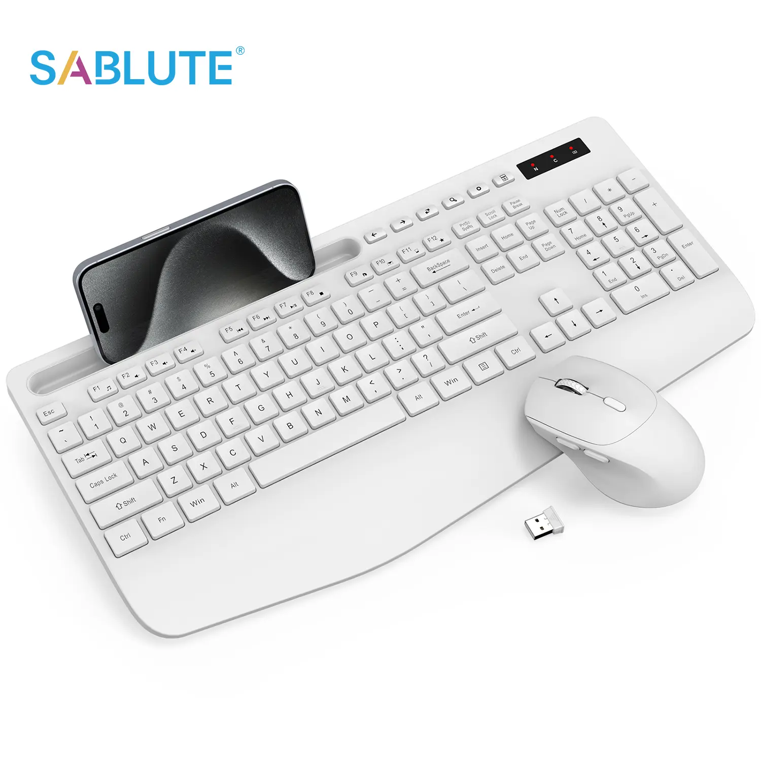 SABLUTE KM23D 2.4Ghz Non-Bluetooth Full-Sized Multifunctional Keyboard & Ergonomic Computer Mouse Bundle Combo with Wrist Rest, Phone Holder, Sleep Mode – Productivity Tools for Comfort & Efficiency