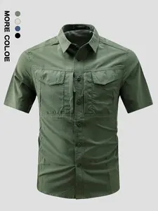Men's Quick-Dry Elastic Shirt, Multi-Pocket Outdoor Casual Breathable Versatile Short Sleeve Workwear Shirt, Fitted Solid Style