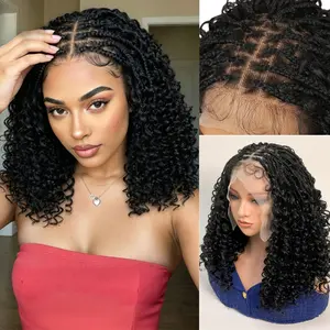 16Inch Full Lace Front Braided Wigs for Black Women Boho Box Braids Wig with Curly Hair Ends, Natural Black Premium Synthetic Fiber