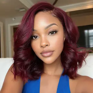 Sunber Black Cherry Short Bob 7x5 Pre Cut Blow Out Lace Wig With Face-Framing Curtain Bangs SpringStatements