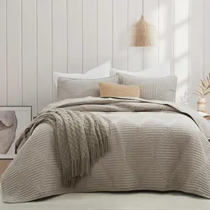 Queen Set, Khaki Lightweight Soft Bedspread Coverlet, Basket Weave Pattern Bedding, 3PCS Geometric Stitching Textured Comforter Sets (1 and 2 Pillow Shams)