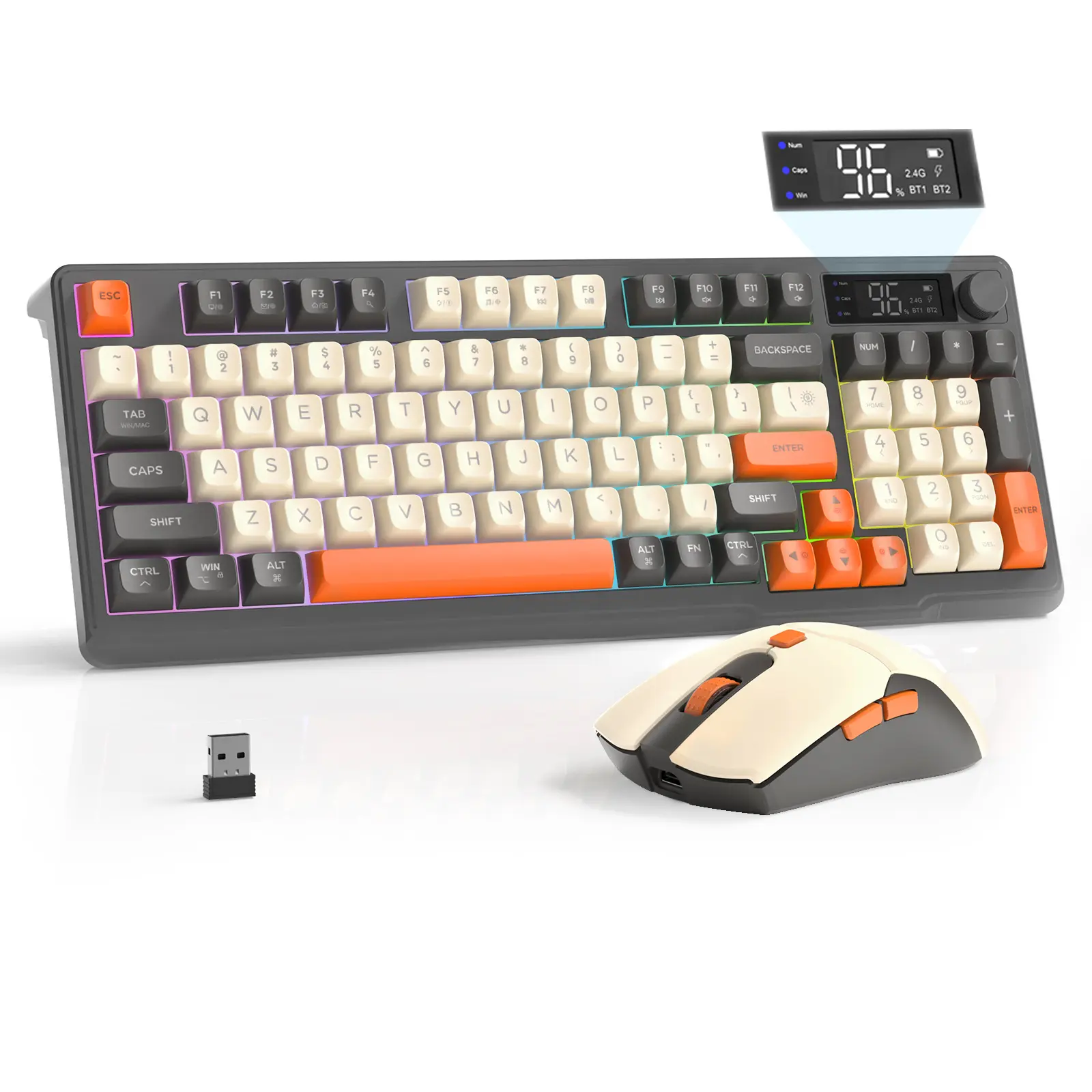 Wireless Rechargeable Gaming Keyboard and Mouse Combo for PC - Gamer Stuff, Rainbow LED Light Backlit, 2000mAh Keyboard with 94 Silent PBT Membrane Keys, Knob & Smart Display, 6-Button 4000 DPI 500mAh Mouse, Dongle Receiver, Laptop/Mac Companion