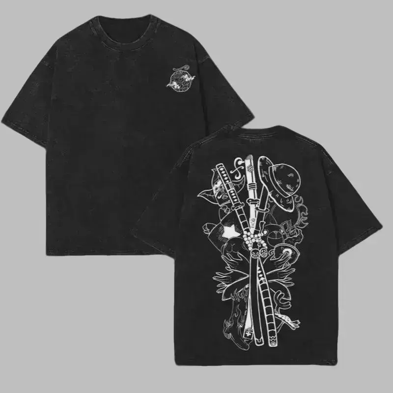 Menswear Short-Sleeve Oversized Vintage Washed Heavyweight Cotton Luffy Graphic T-Shirt - Anime Japanese Manga Pirate King Tops, Unisex Harajuku Y2K Samurai Sword Streetwear Summer Fashion Gift