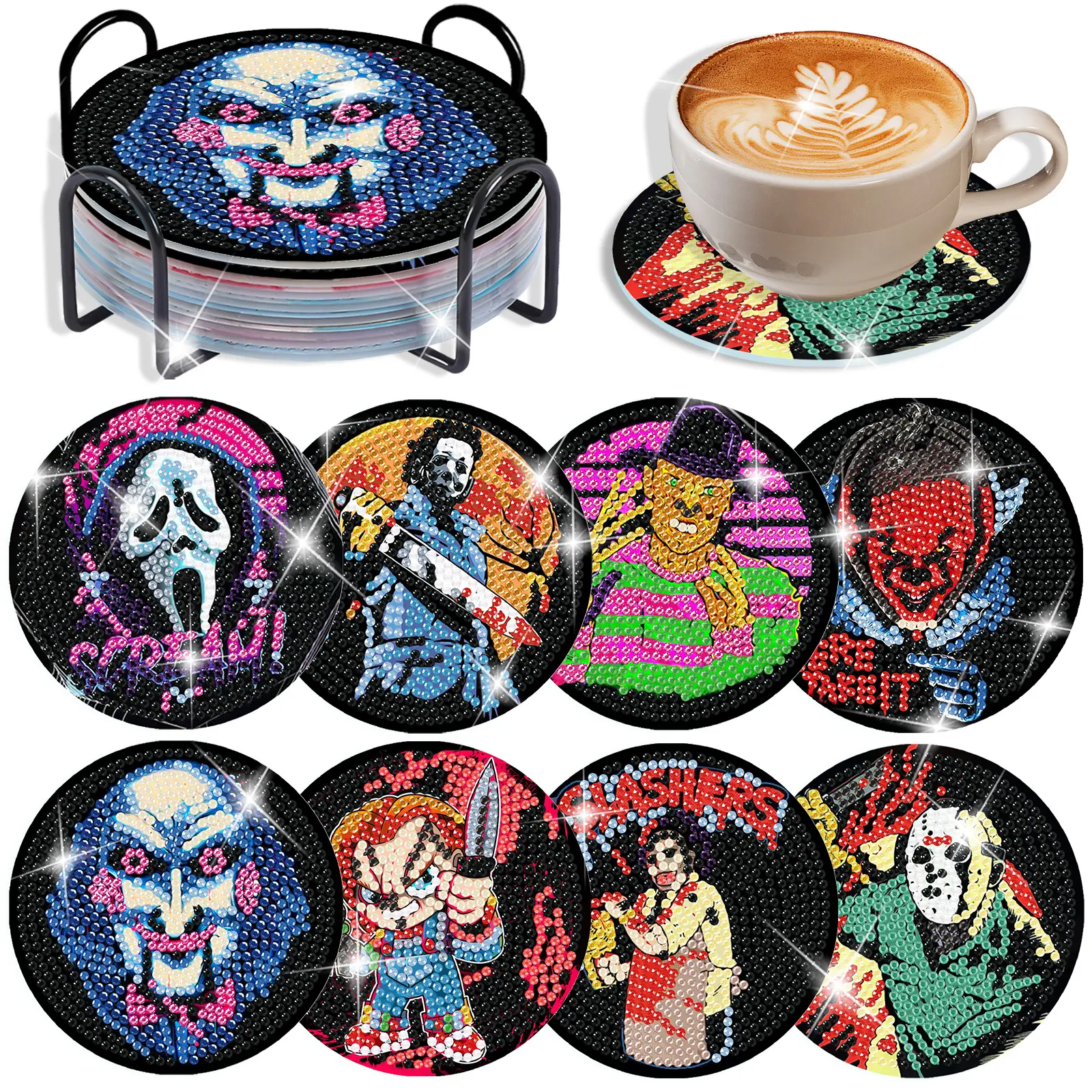 8-piece DIY Diamond Painting Coaster Kit, 5D Diamond Art Kit with Horror Characters, includes cork mat, tool kit, and storage rack. Suitable for adults, Horror Themes, Unique Designs, Diamond Pattern Design, Vibrant, Display