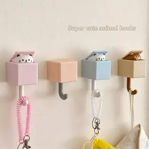 Cute Pop-Up Animal Hooks, No-Drill Self-Stick Self Adhesive Hooks Cat Bear Hook, Adhesive Wall Hooks Bathroom Bedroom Kids Room Entryway Coat Towel Holder Key Decor Hanger, Waterproof Traceless