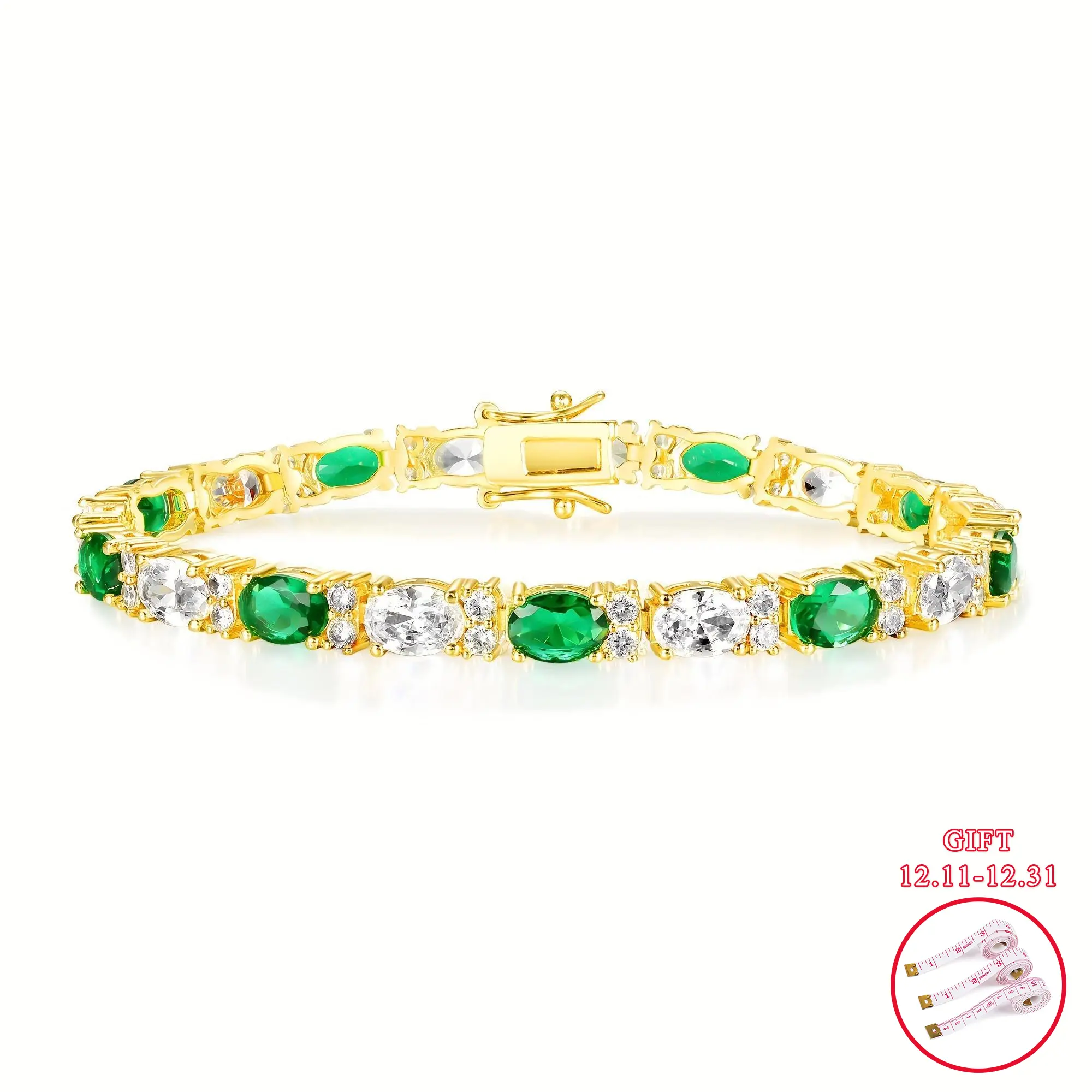 GEMSME 3*5mm Oval Green & White Cubic Zirconia Bracelet, Unisex 6.5-8.5in Golden Chain, Durable Neutral Style Stackable Exquisite Bracelet, Ideal for Weddings & Parties, Chic Luxurious Gift Jewelry ATS63749, Stackable Bracelets