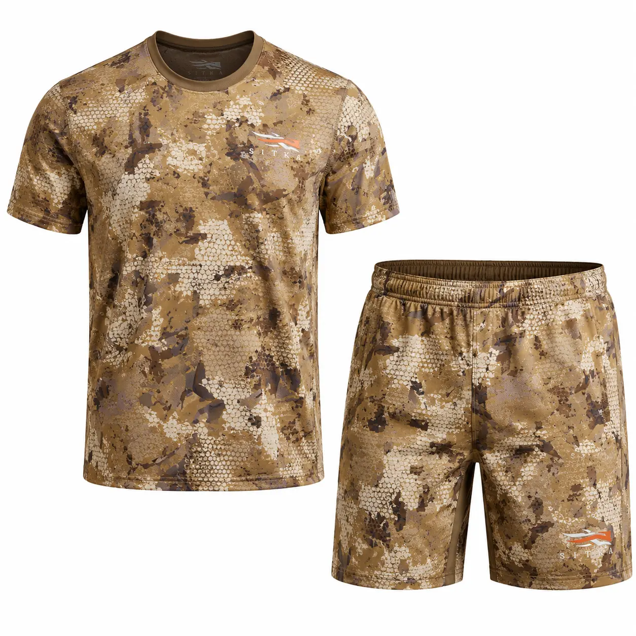 SITKA Camo Performance T-Shirt & Shorts Set for Men, Lightweight Breathable Hunting Outfit, Quick Dry Moisture Wicking Camouflage Athletic 2 Piece Set