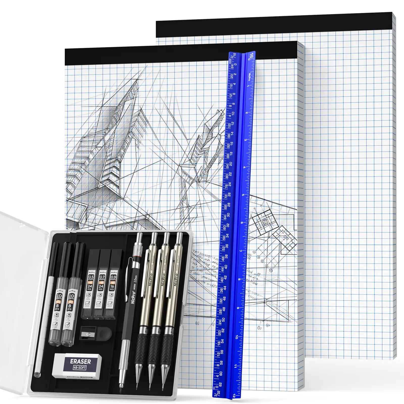 Nicpro 16PCS Geometry Drafting Tools Kit - Layout Measuring Tool, Measuring Instrument, 12" Aluminum Triangular Architect Scale Ruler, 0.5/0.7/0.9/2mm Mechanical Pencils, 5 HB/2B Lead Refill Tubes, 2 Graph Paper Pads for Designers, Engineers, Measuring Ma