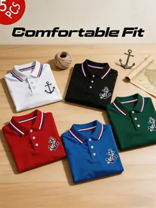 Men's Polo Shirt Set, Fitted Short Sleeve Casual Tee, Fashion Home Wear, Anchor Print, Summer New, Breathable Daily/golf Shirt, Multiple Colors