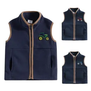 Toddler Baby Boys Christmas Fleece Vest Casual Sleeveless Zip Up Tractor Embroidery Vest Jacket Coat with Pockets Fall Winter Country Farm Clothes