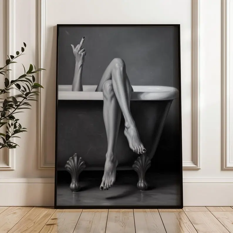 Black and White Bathroom Art Print | Moody Legs in Tub Poster | Middle Finger Poster | Rebel Wall Decor [UNFRAMED]