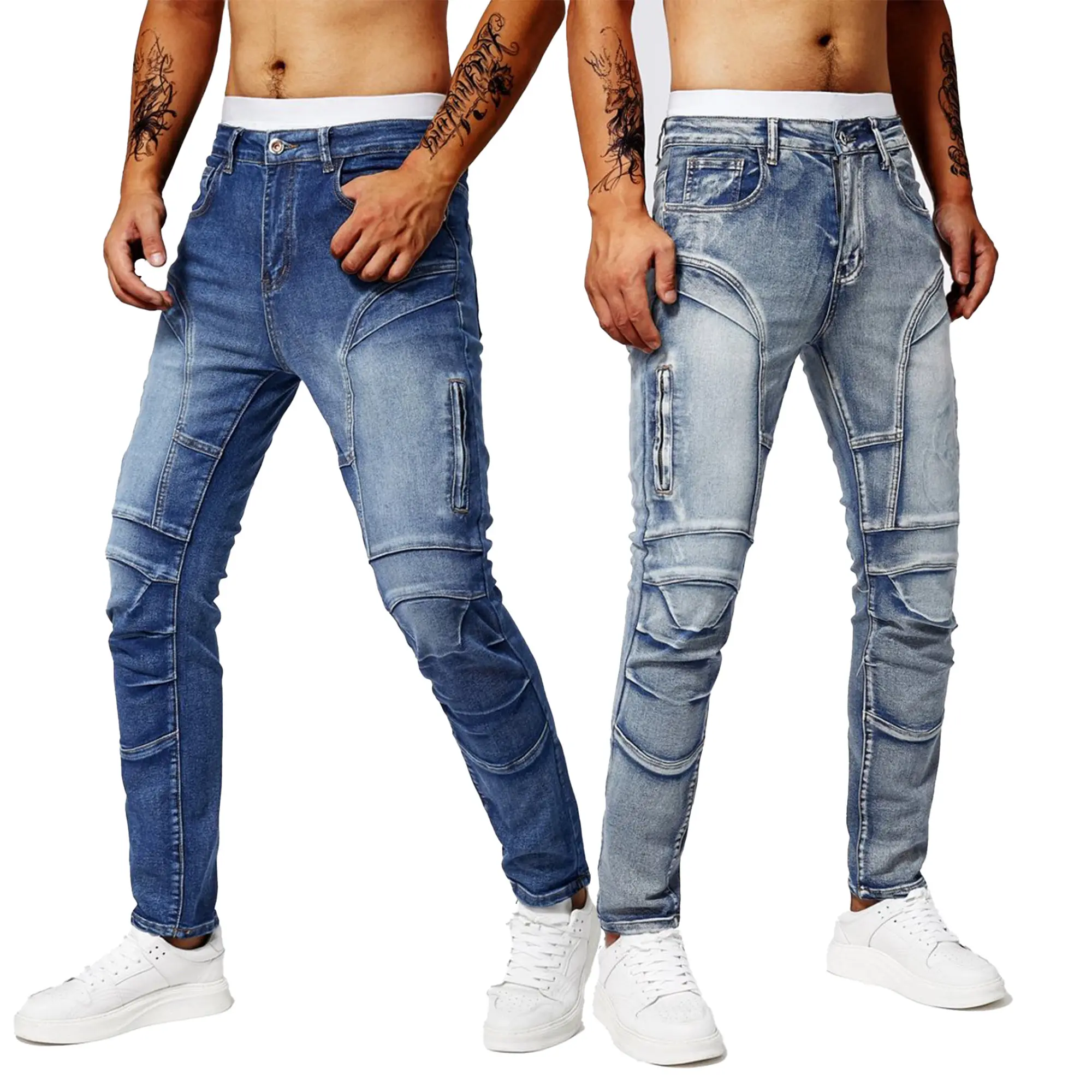 Men’s slim-fit biker jeans — stretch skinny denim with zippered pockets; tactical urban pants with a comfortable inner lining. Streetwear #MensFashion #MotoJeans #TikTokMadeMeBuyIt Light Blue Blue Athletic Casual Day Fitted Layer