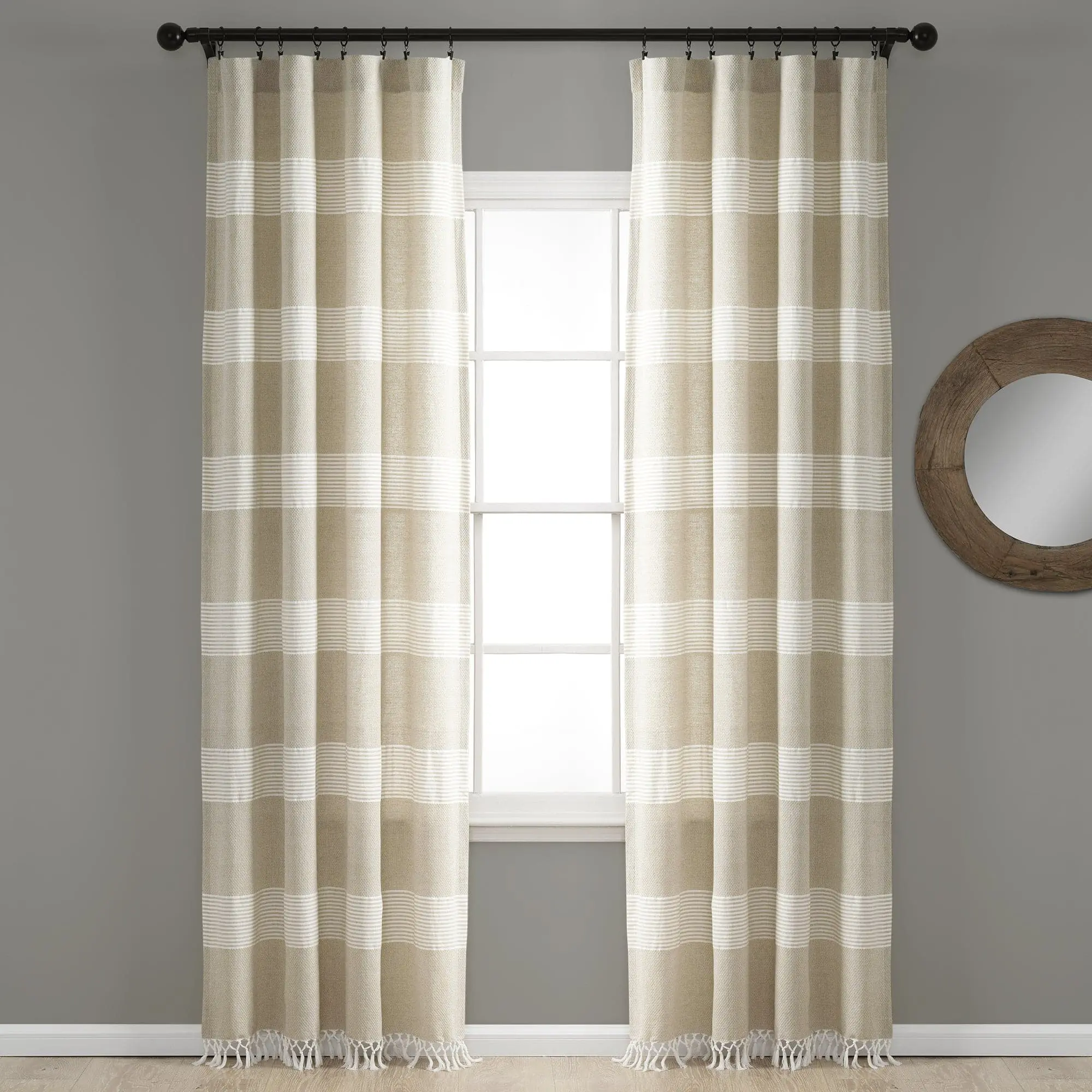 Lush Decor Tucker Stripe Yarn-Dyed Knotted Tassel Curtain Panel Set, 2 Indoor Panels, 40x84"/40x95" (84" or 95" Drop), Eco-Friendly Recycled Cotton Blend, Coastal Window Drapes for Bedrooms & Home Offices, Shutter Blind Compatible, Tumble Dry Low