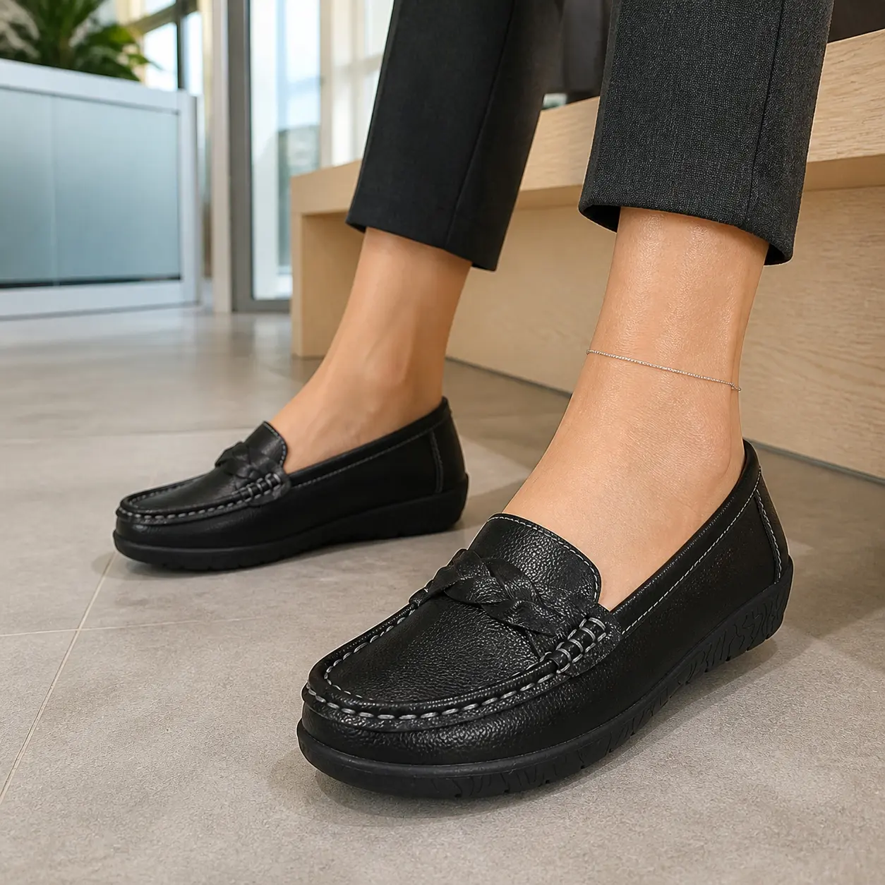 Women's Flat Loafers, Woven PU Leather Ballet Flat, Comfortable Slip On Walking Shoes, Lightweight Breathable Casual Work Dress Shoes Footwear Girl Flatform