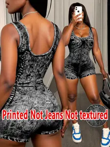 Women's Denim Print Romper Jumpsuit, Summer Fashion Imitation Denim High Elasticity Non-Denim Fabric, All-Season Wearable