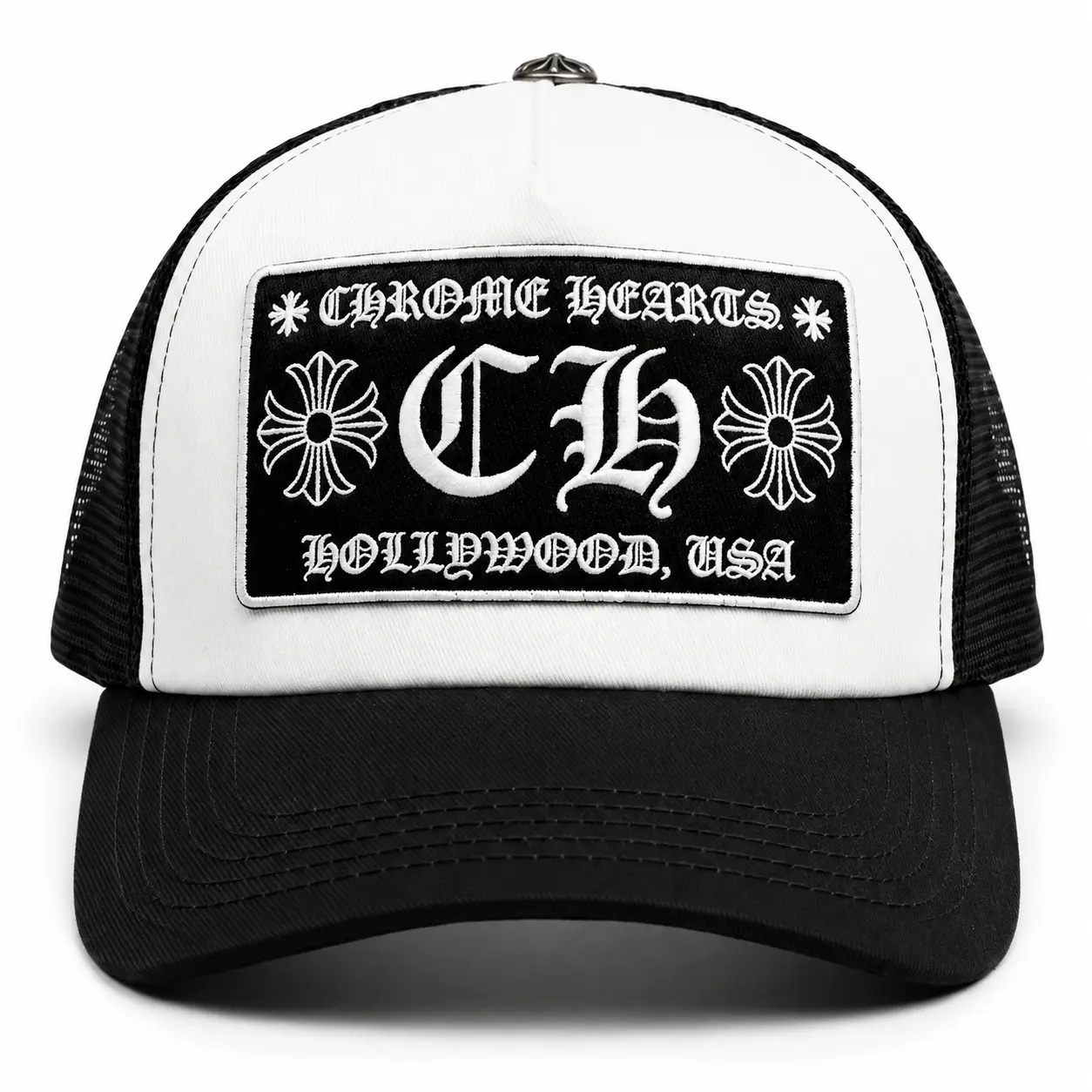 Chrome Hearts CH Trucker Hat - White & Black Mesh Design with Bold Logo Patch - Perfect for Streetwear Enthusiasts NEW