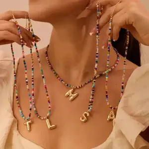 Colorful Rice Bead Initial Letter Necklaces for Women Bubbles 26 Letters Handmade Beads Choker Bohemian Necklace Jewelry Gift