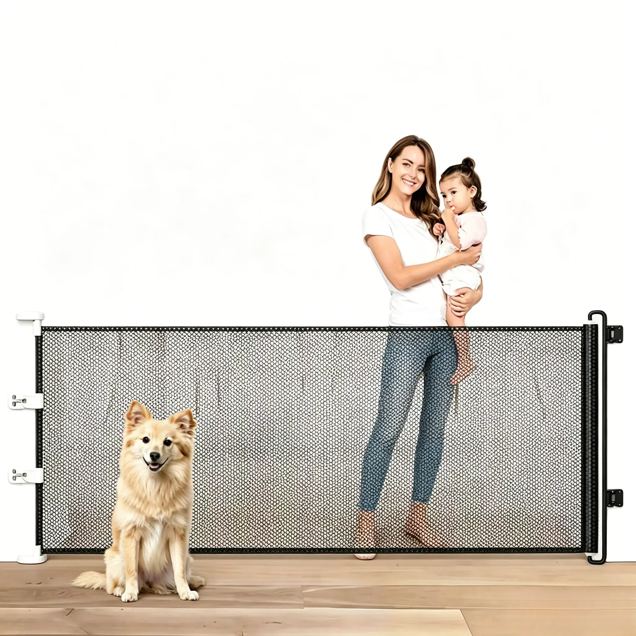 Extra Wide PVC Retractable Pet Barrier Gate - Jump-Resistant, Anti-Escape Isolation Screen for Multi-Pet Households, Drill-Free Partition to Prevent Cat Escape via Front Door, Hall Stair Safety Gate
