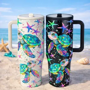 AuraCup 1pc 40oz Insulated Tumbler with Handle, Stainless Steel Vacuum Travel Mug, Vacuum Insulated Flask, with Sea Turtle and Starfish Ocean Print, Large Capacity for Hot Cold Drinks, Coffee Mug for Car Office Outdoor Use, tumbler with lid and straw