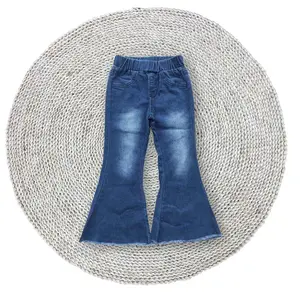 Baby Girls Cowgirls Western Light Navy Bleached Stretchy Elastic Bell Bottom Denim Jeans Pants Trousers