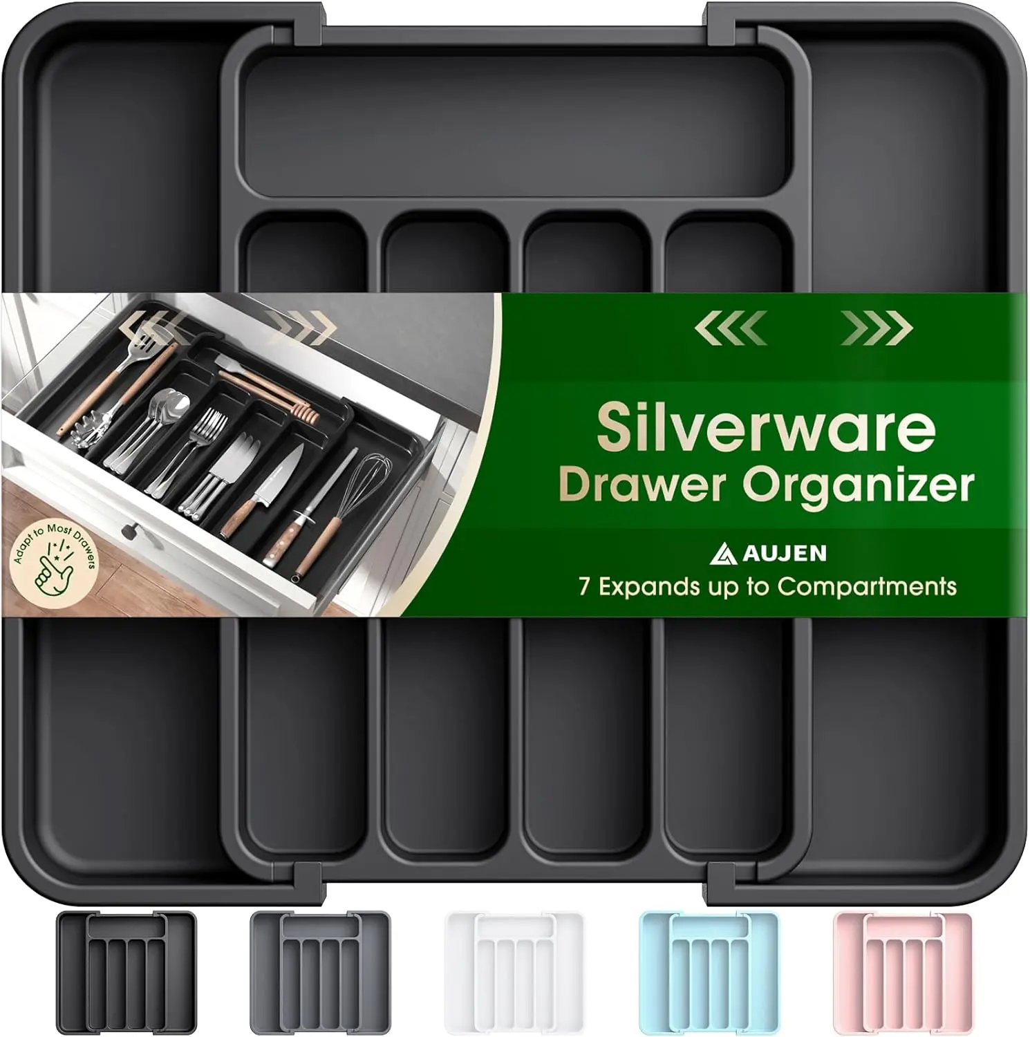AUJEN Silverware Organizer Expandable Kitchen Drawer Organizer Adjustable Utensil Tray for Forks Knives Multipurpose Storage Solution Black Medium 7 Compartments