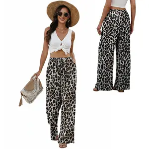 Women’s Flowy Wide Leg Trousers, Drawstring Elastic Waist Beach Pants with Pockets for Vacation Summer Women Casual athleisure Wear