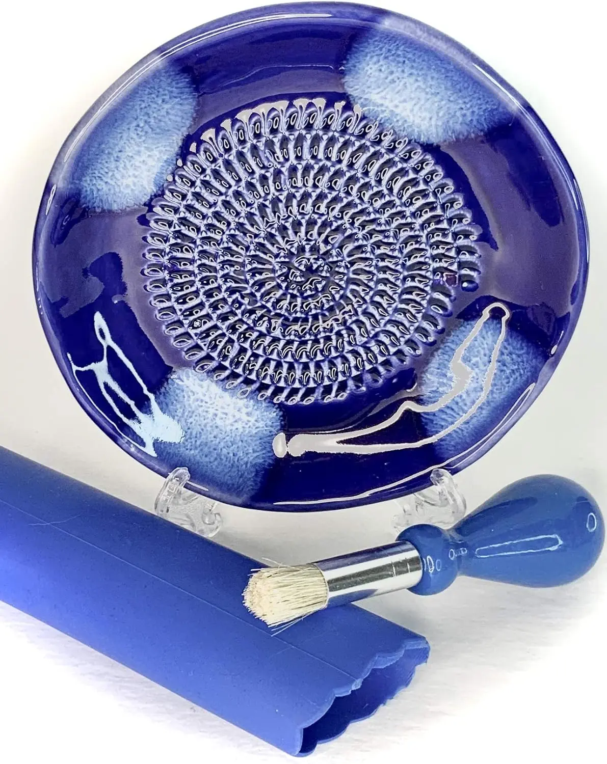 Heatproof Round Ceramic Grater Set (4 Pieces) - Blue Glazed Plate, Peeler, Brush, Stand, Ideal for Grating Turmeric, Ginger, Kitchen Utensils, Four Pieces