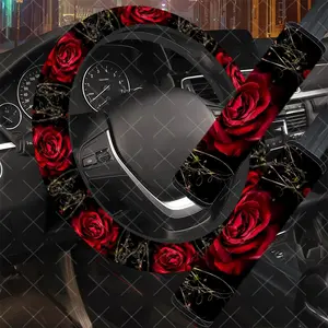 3Pcs/Set Red Rose, Car Accessory, Girly Car Accessories, Includes Steering Wheel Cover, Car Seat Belt Cover, No Inner Ring, Durable Material, For Women, Car Enthusiasts, Gift For Drivers, Girly Car Interior Sets