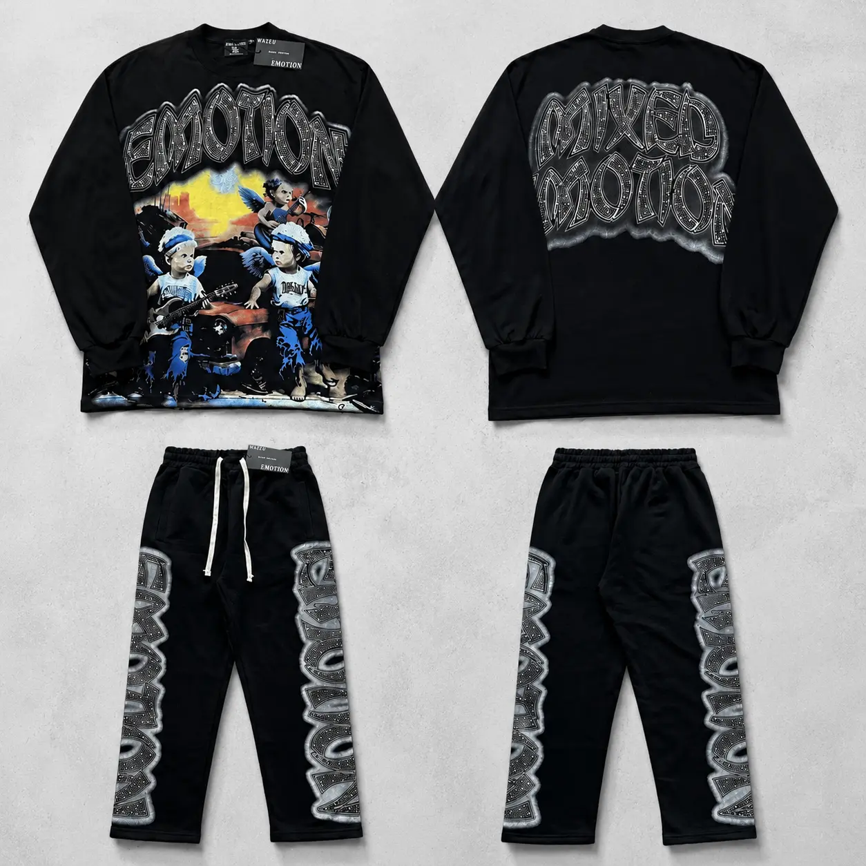MIXED EMOTION Rhinestone Graphic Tracksuit Set Men Women Oversized Streetwear Sweatshirt and Sweatpants Set, Vintage Y2K Hip Hop Casual Two Piece Outfit with Diamond Logo Print, Relaxed Fit Fashion Clothing