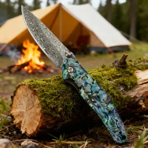 Handcrafted Damascus Steel Fold Knife - Exquisite Abalone Grip for Camping & Collection