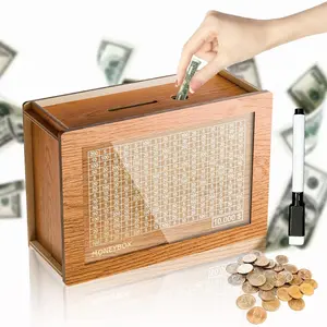 Save up to $10,000,Wooden Cash Saving Box,Money Storage Organizer , Cash/Coin 2 sides Piggy, Handcrafted Money Jar,Eco-friendly box made of wood