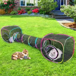 Outdoor  Enclosures Portable Cats Tunnel with Carry Bag Breathable Kitty Tent Outdoor with 2  Toys Outside  Enclosure for Indoor Cats (2 Cubes + Run Tunnel)