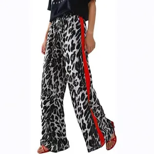 2025 Women's Casual Pants Drawstring Leopard Print Color Block Side Striped Straight Leg Wide Leg Loose Pants