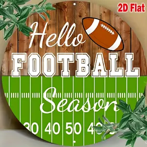 8-inch Round Vintage Rugby Helmet Metal Wreath Wall Art - "Hello Football Season" Rustic Welcome Sign with Green Background, White Text & Yellow Accents, No Electricity Needed for Game Day Decor, Indoor/Outdoor Sports Fan Gift, 2D Flat, Per