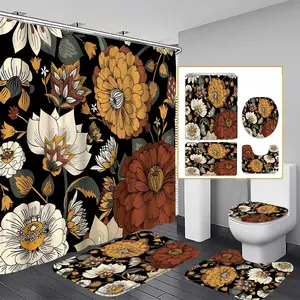 Boho Floral Shower Curtain Set with Snap-In Liner, No Hooks Needed, Modern Abstract Fabric, Mid-Century Bathroom Decor, 59x86, Bathroom Decoration Accessories