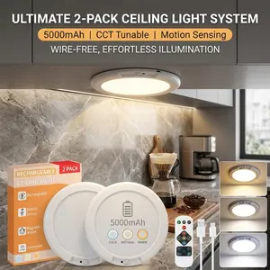Wireless Motion Sensor Ceiling Light (2 Pack) - Ultra Bright Rechargeable Closet Light with Remote, No Wiring Needed for Hallway Pantry Stairs, Magnetic Battery Powered Lamp sensory emergency Mood Dimmable LED Lighted Adjustable USB