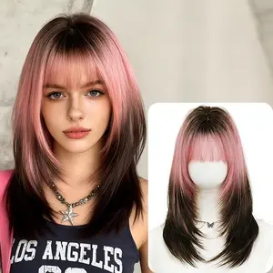Lotfon Women's non adhesive synthetic wig, Pink to Black Ombre medium to long straight hair, adjustable head circumference, comfortable fit, easy to wear, ready to wear and go, instantly possessing a fashionable gradient color hairstyle