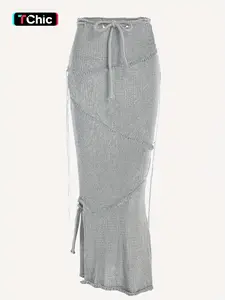 Solid Drawstring Split Side Tassel Sweater Skirt, Elegant Fashion Casual Tie Side Pencil Skirt for Daily Outdoor Wear, Women Knitwear for Spring Fall