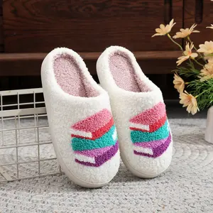 Women's Book Stack Slippers Soft Faux Fur Warm Comfy Shoes Cute Preppy Embroidered Design Non-Slip Sole Indoor Outdoor House Slippers for Girls Teen Students Cozy Trendy Footwear Gift