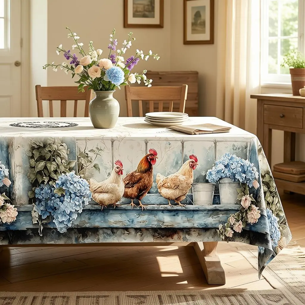 Farmhouse Tablecloths - White & Blue Chicken, Pink Flower Decor - Round, Rectangular, Oval Shapes - Clearance Sale - suitable for banquets, restaurants, parties, festivals, outdoor events and birthdays