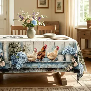 Farmhouse Tablecloths - White & Blue Chicken, Pink Flower Decor - Round, Rectangular, Oval Shapes - Clearance Sale - suitable for banquets, restaurants, parties, festivals, outdoor events and birthdays