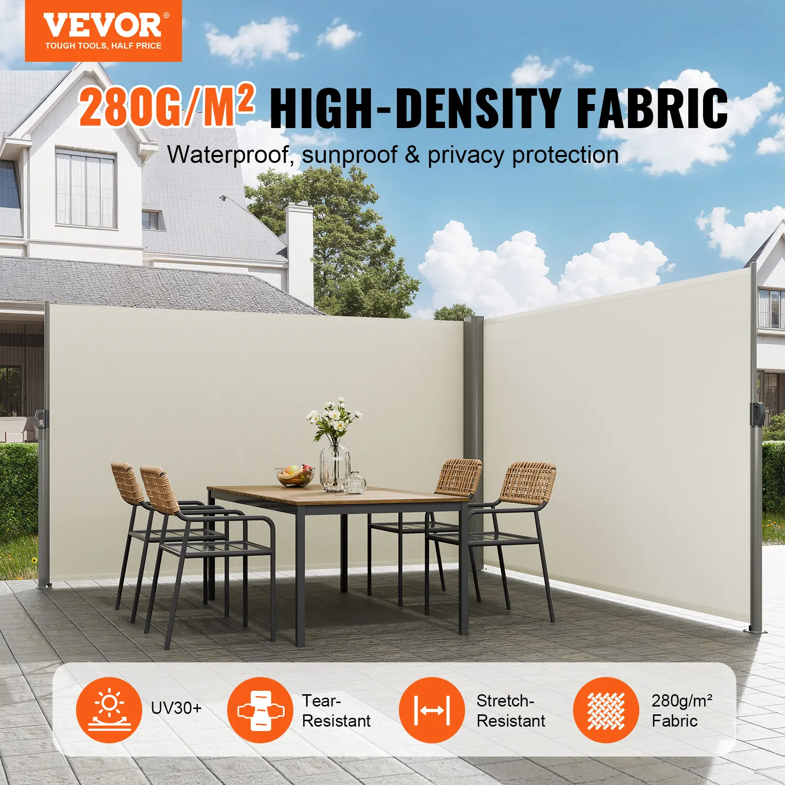 VEVOR Retractable Side Awning,  71''x 236'' Aluminum Outdoor Privacy Screen, 280g Polyester Water-proof Retractable Patio Screen, UV 30+ Room Divider Wind Screen for Patio, Backyard, Balcony, Beige