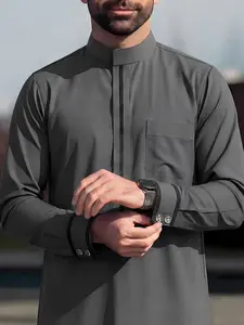 Islamic Traditional Men's Long Robe Thobe, Classic Business Style, Deep Stand Collar, Eid Al-Adha Festival Wear, Perfect Gift