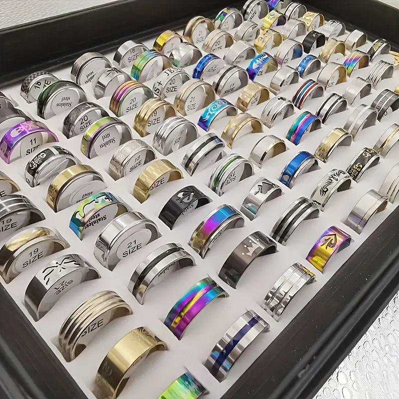 50pcs Fashionable and classic stainless rings, Suitable for both men and women, simple, colorful and mixed - style finger rings. Heart - shaped striped Jewelry gifts with various varieties, couple jewelry, Party Accessories, Simple Rings, Durable Highq