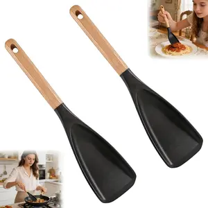 2-Pack Cedar and Ash Spoonula, Multifunction Spatula Cooking Spoon, Multifunctional Spatula Spoon, Non stick Flat Serving Spoons, Heat Resistant Kitchen Cucharras for Mixing, Stiring, Scooping, Scraping, Basting (Black)