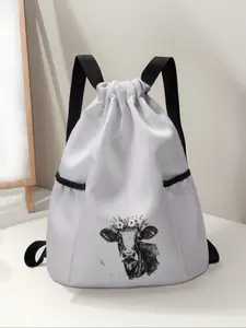 Unisex Cow Pattern Drawstring Backpack, Large Capacity Durable Fitness Bag, Adjustable Shoulder Straps, Ideal for Travel Hiking Camping