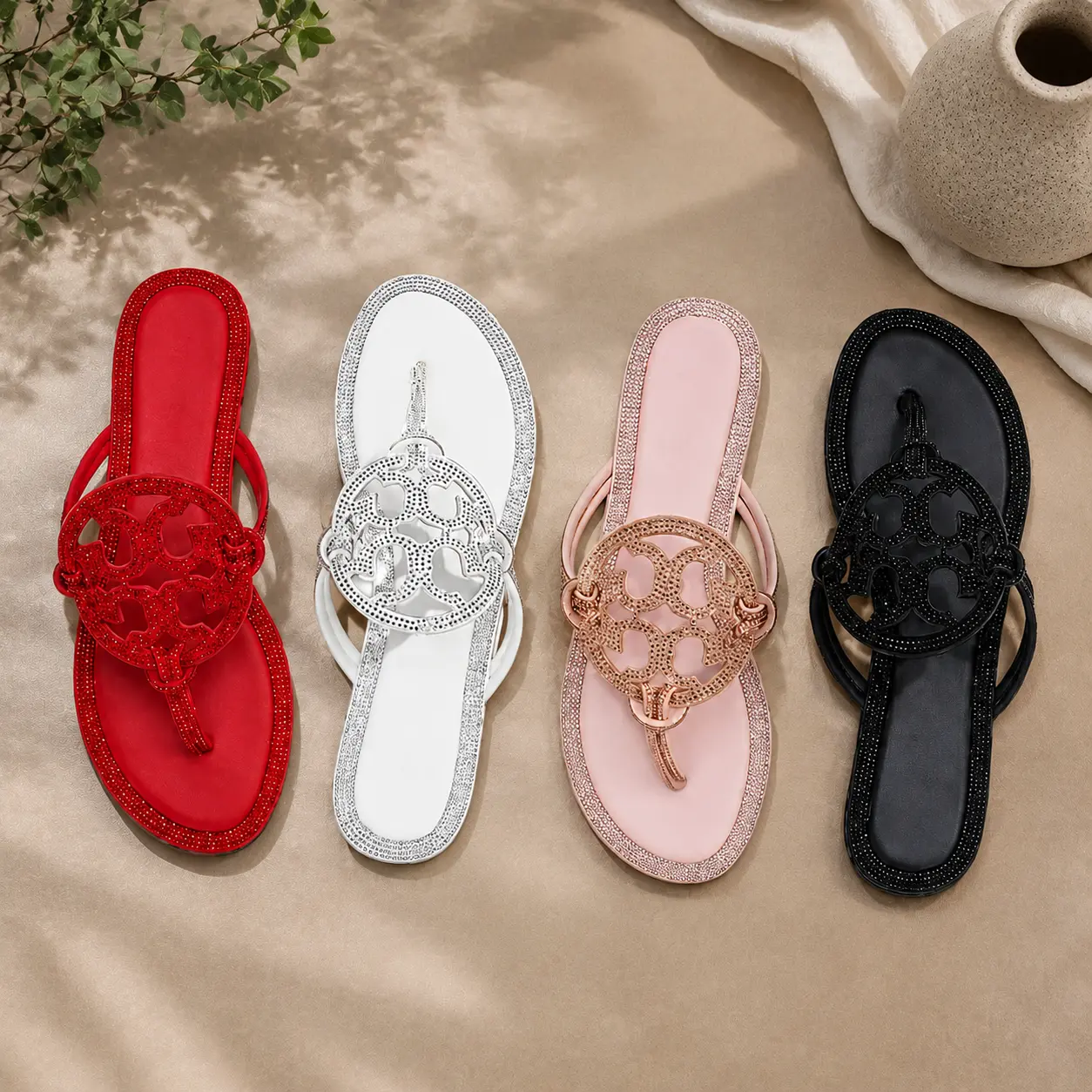 Women's High-Quality Hollow-Out Rhinestone Detail Slip-On Flat Sports Sandals, 2026 Summer Slippers