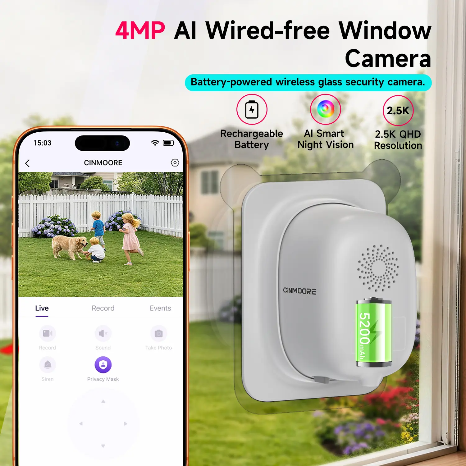 CINMOORE Wireless Window Security Camera 4MP 2.5K , Indoor WiFi Cameras 2.4GHz WiFi with  Cinmoore  AI Color Night Vision,Person & Motion Detection,24/7 Recording,Easy & Quick Install,SD Card&Cloud Device