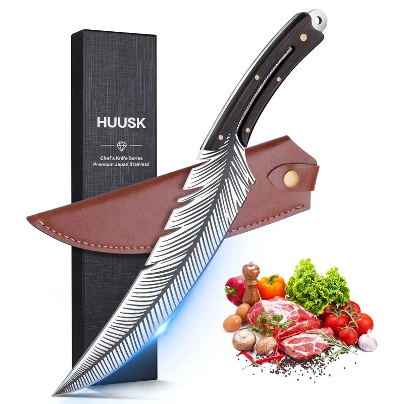 Huusk Japan Hand-Forged Flexible Boning Chef Knife (0.66lb) with Leather Sheath, Feather Blade Cooking Knife for Meat Cutting, Kitchen Decor Birthday Gift for Him, Chef Knives